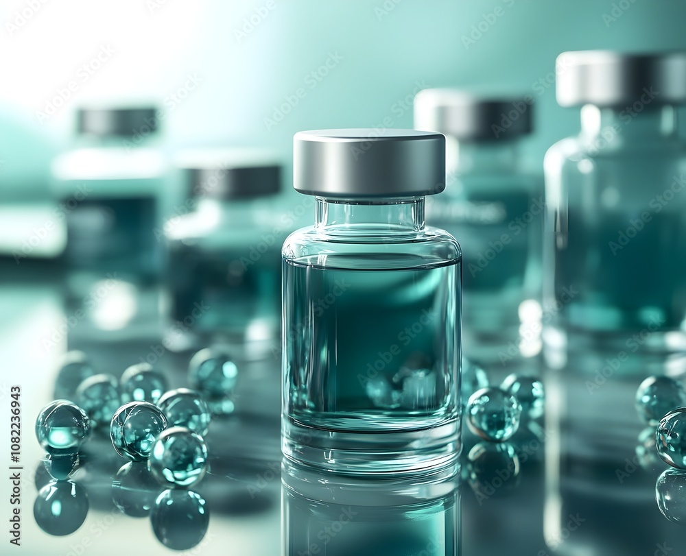 Vials with modern branding and clear labels sit on a reflective surface against a soft-gradient backgroun Vials with modern branding and clear labels sit on a reflective surface against a soft-gradient backgroun