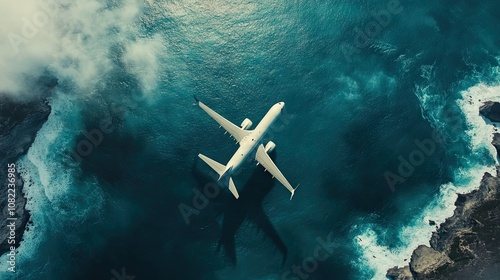 An aerial view of a white airplane soaring over turquoise waters and rugged coastline, creating a serene travel scene.