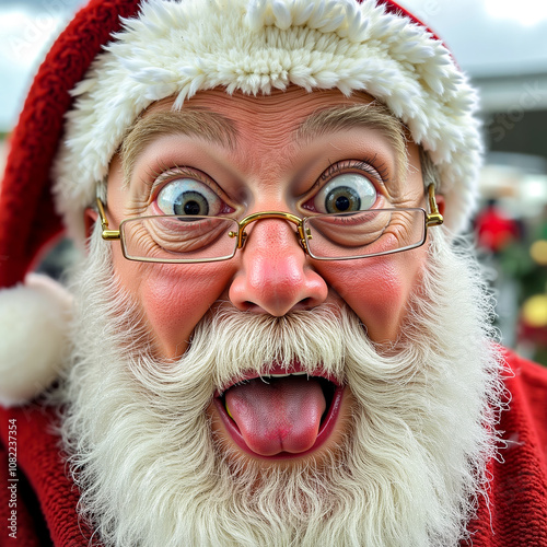 A man with a white beard and a red hat sticking out his tongue photo