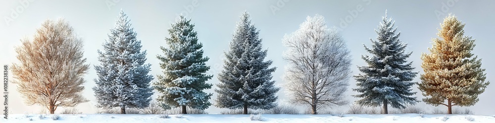 Snow Covered Trees in a Winter Wonderland: Majestic Pine Trees Stand Tall Against a Snowy Landscape Snow Covered Trees in a Winter Wonderland: Majestic Pine Trees Stand Tall Against a Snowy Landscape