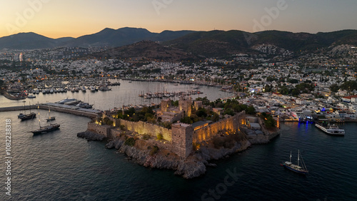 Fotografie Drone aerial view of Bodrum castle at sunset.