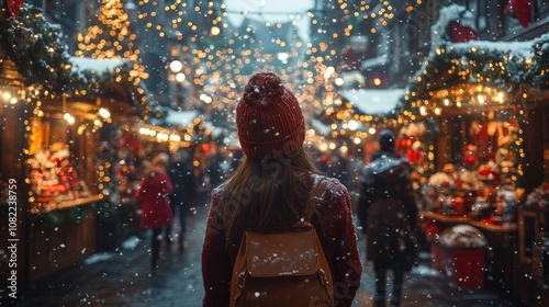 Winter Wonderland Wanderlust: A woman with a backpack gazes at a magical Christmas market scene, snow falling softly around her. The image evokes a sense of wonder and holiday spirit. 