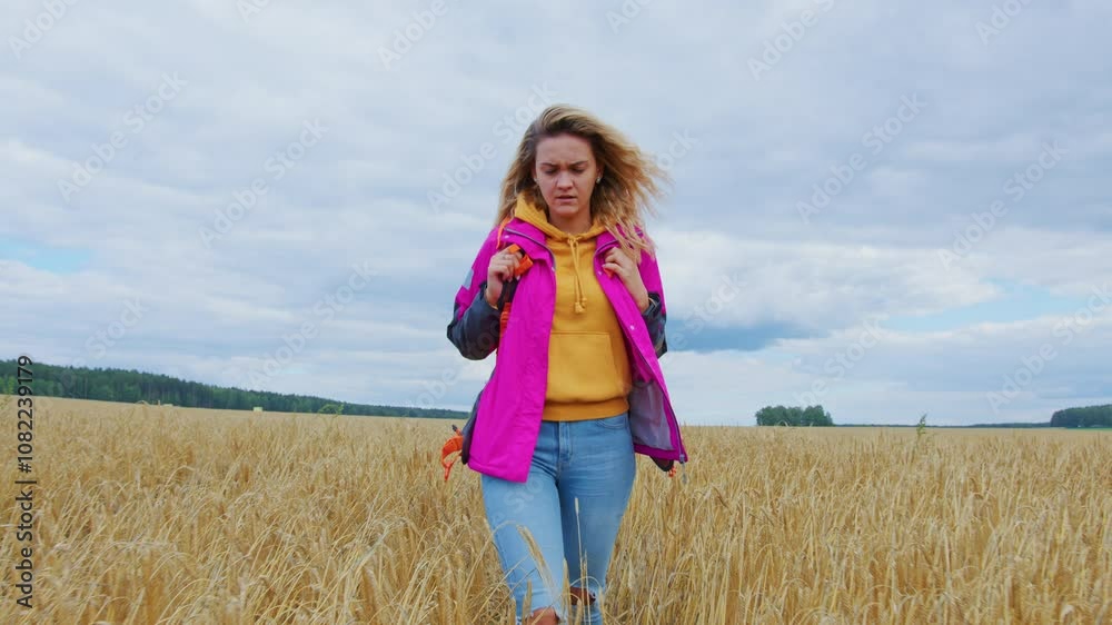 Young woman hiking through a golden wheat field, wearing a pink jacket and jeans. A serene atmosphere surrounds her. Sad girl travels alone Young woman hiking through a golden wheat field, wearing a pink jacket and jeans. A serene atmosphere surrounds her. Sad girl travels alone