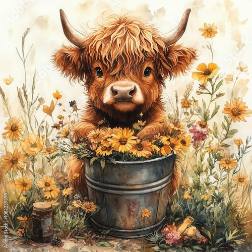 Adorable Highland Calf in a Field of Flowers - Watercolor Painting photo