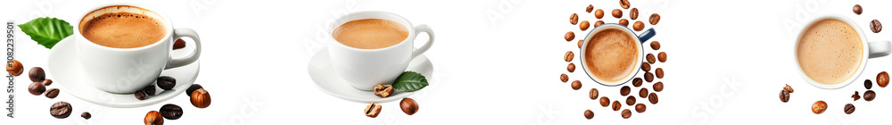 Close up of a hot freshly brewed cup of coffee with a creamy foam topping surrounded by roasted coffee beans on a rustic wooden table The image conveys a cozy Close up of a hot freshly brewed cup of coffee with a creamy foam topping surrounded by roasted coffee beans on a rustic wooden table The image conveys a cozy
