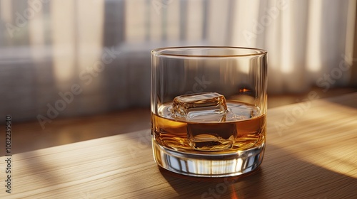 Close-up of a glass of whiskey with two ice cubes on a wooden table, highlighting rich amber hues.