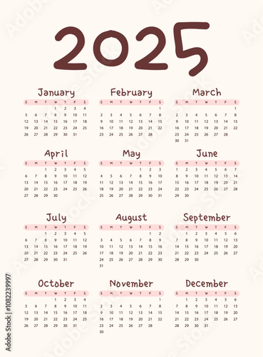 Cute calendar for 2025, week starts on Sunday. Vertical annual calendar template for printing. Perfect for kids nursery, home or office decor. Schedule for planning, organization.