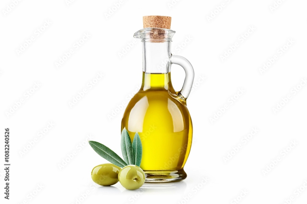 olive oil in a glass bottle and green olives with leaves, isolated on white background olive oil in a glass bottle and green olives with leaves, isolated on white background