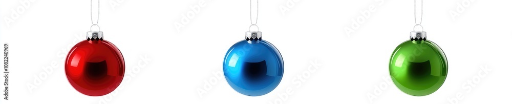 Three vibrant and shining Christmas ornaments, adorned in striking shades of red, blue, and green, dangle gracefully against a crisp white background. 