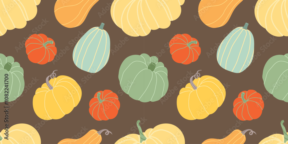 Seamless pattern with colorful pumpkins on brown background. Background for Thanksgiving, autumn events, harvest, fairs, advertising. Autumn design of agricultural products