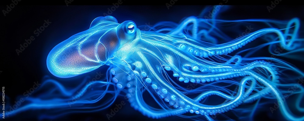 Fototapeta premium A mesmerizing glowing octopus showcasing vibrant blue hues in a dark underwater environment, highlighting its unique beauty.