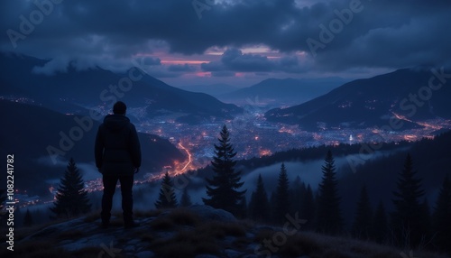 Man watching illuminated valley at dusk from mountain viewpoint. A man on a mountaintop among the Christmas trees watches the glowing nighttime city during sunset. Wallpaper. Painting, landscape