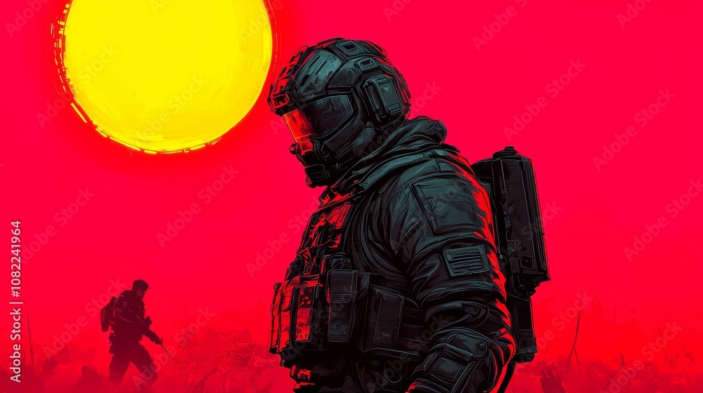 A soldier stands against a vibrant, fiery sunset, symbolizing resilience and the human spirit in challenging environments. A soldier stands against a vibrant, fiery sunset, symbolizing resilience and the human spirit in challenging environments.