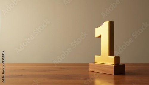 Golden number one trophy on wooden base with beige background. Number 1 spot, Award trophy,Employee of the year, Best of the year,Top company ranking.


