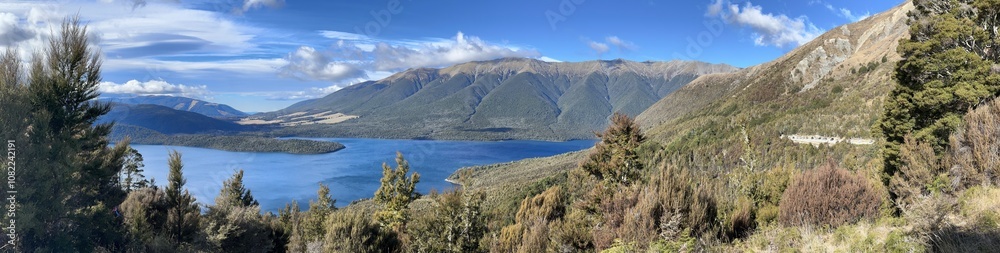 panorama of the mountains and lake.
New Zealand panorama of the mountains and lake.
New Zealand