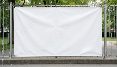 Blank white banner on metal fence in outdoor park.  