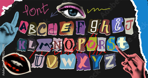 Font of paper. Alphabet from newspaper pieces. Uppercase letters. Collage cut art news magazine. Vintage clipping. Halftone hand. Newsprint lips and eyes. Sticker typography. Vector text icons set