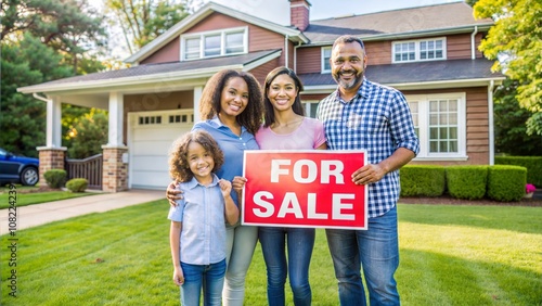 Family selling their home holding for sale sign