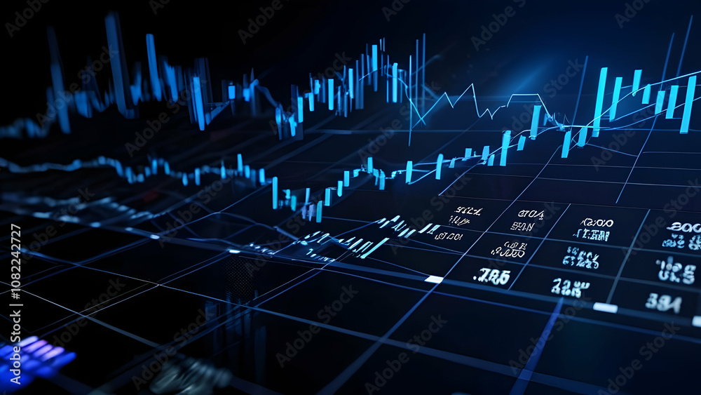 Naklejka premium Futuristic 3D render of stock market and fintech forex concept with blurry blue digital charts on dark blue background, highlighting financial data analysis and technology 