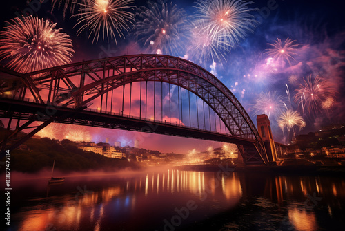 Fireworks over Arch Don Luis Bridge and Oporto City at Night photo