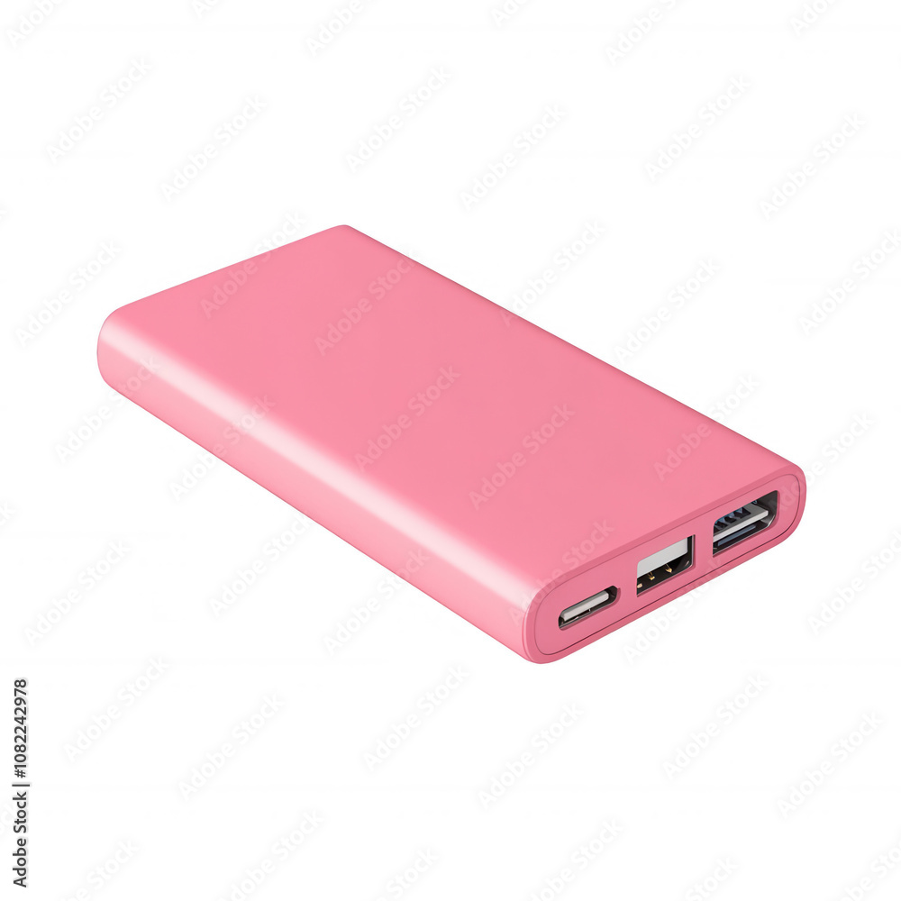 Compact pink power bank with USB ports for mobile device charging on the go, isolated on a transparent background. Compact pink power bank with USB ports for mobile device charging on the go, isolated on a transparent background.