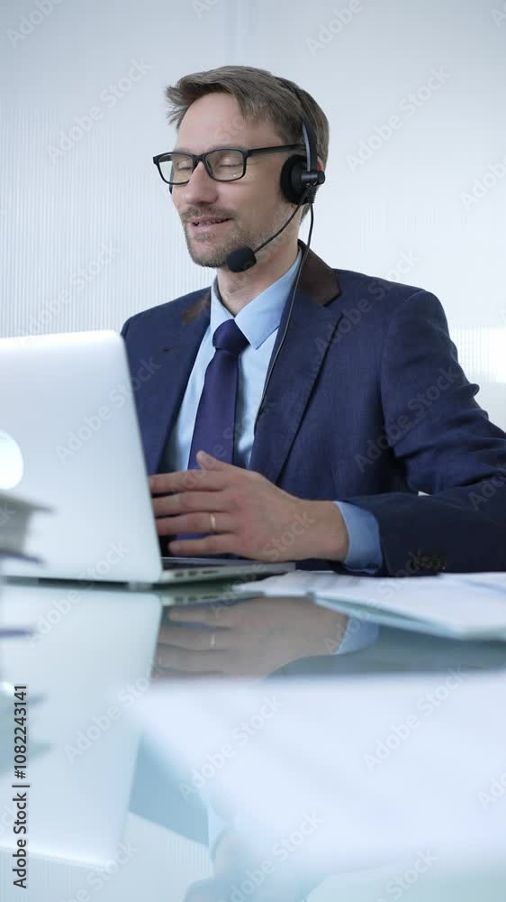Businessman in blue suit is using a headset and laptop to offer customer service or online consultations. Business people concept Businessman in blue suit is using a headset and laptop to offer customer service or online consultations. Business people concept
