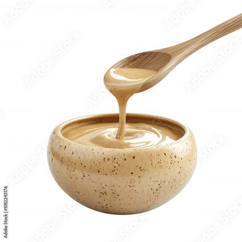 Creamy tahini drizzling from a wooden spoon into a rustic bowl, perfect for dishes, isolated on a transparent background.	