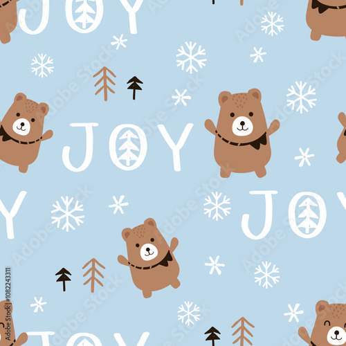 Seamless pattern with brown bear and hand written fonts, snowflakes and pine tree on blue sky background vector.