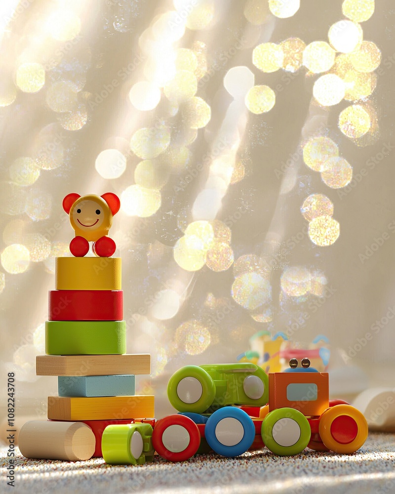 Obraz premium Colorful wooden toys on a carpet with a bokeh background.
