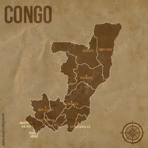 Vintage CONGO Map with Regions Borders and Major Cities Positions