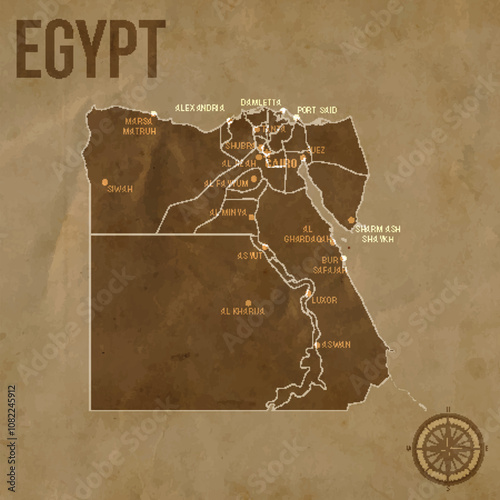 Vintage EGYPT Map with Regions Borders and Major Cities Positions