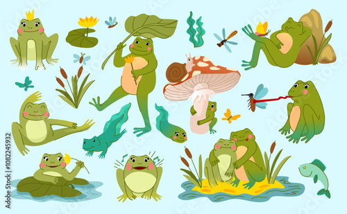 Frog cute. Toad character, funny animal, tadpole in pond. Childrens froggy princess with butterfly, happy tropical aquatic reptile. Vector amphibian cartoon flat style isolated kids illustration