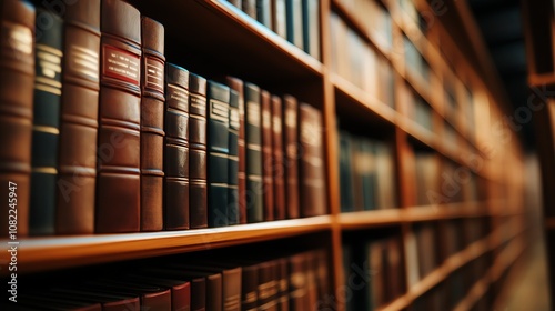 A close-up view of classic leather-bound books on a wooden shelf in a library.