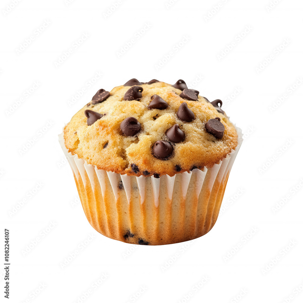 Delicious chocolate chip muffin with a golden crust and melty chocolate pieces, isolated on a transparent background. Delicious chocolate chip muffin with a golden crust and melty chocolate pieces, isolated on a transparent background.