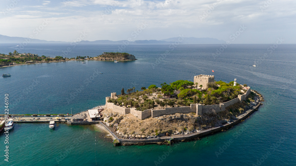 Drone Aerial View of Kusadasi Castle in Turkey Drone Aerial View of Kusadasi Castle in Turkey