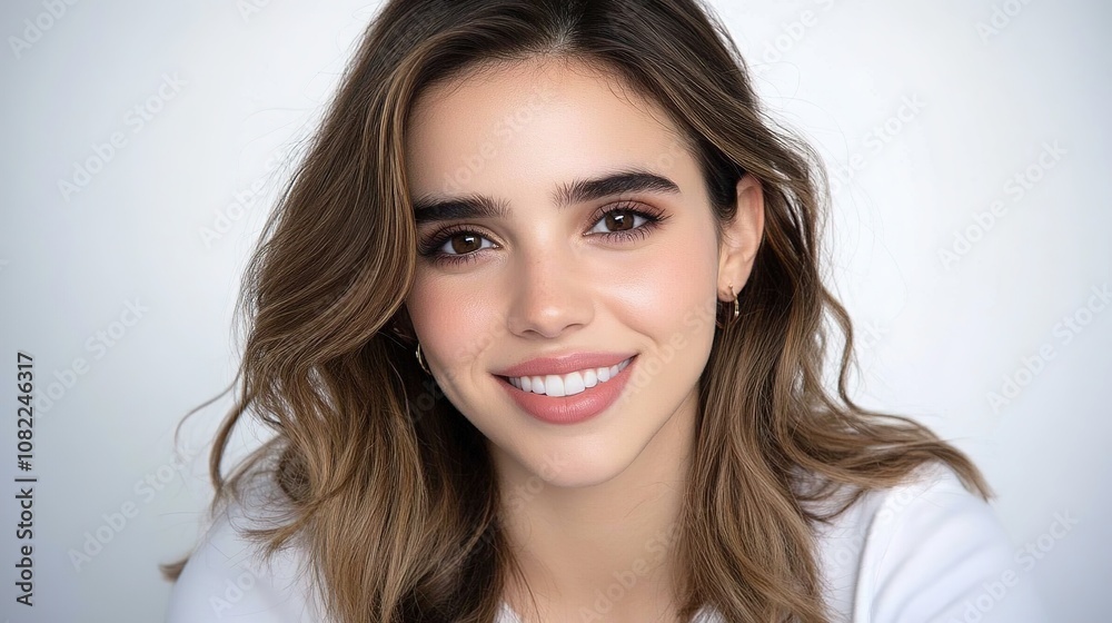 Beautiful young woman with a radiant smile, featuring natural makeup and long wavy hair, against a soft white background for portrait photography Beautiful young woman with a radiant smile, featuring natural makeup and long wavy hair, against a soft white background for portrait photography