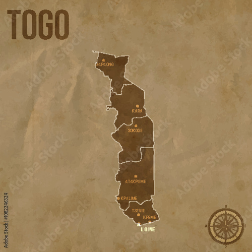 Vintage TOGO Map with Regions Borders and Major Cities Positions