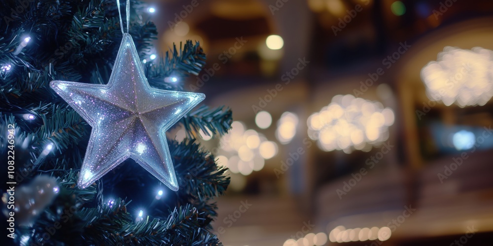 Christmas tree star ornament, sparkling decoration, blurred background with festive lights, warm holiday atmosphere Christmas tree star ornament, sparkling decoration, blurred background with festive lights, warm holiday atmosphere
