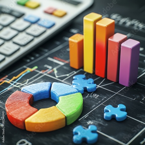 Centralised Business Dashboard Visualising Growth with Scalable Bars and Fitting Puzzle Pieces, Highlighting Cost Savings Through Calculators and Pie Charts Optimising Efficiency photo