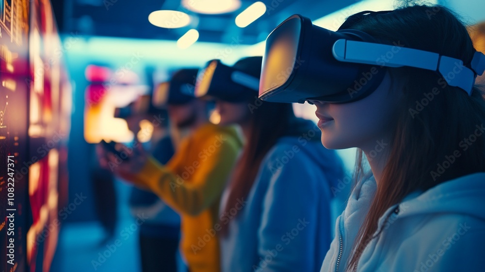 Fototapeta premium A group of young people wearing VR headsets and experiencing virtual reality.