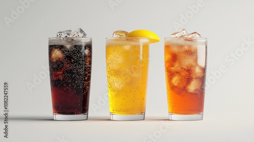 Three refreshing drinks in clear glasses: cola, citrus soda, and iced tea, each with ice cubes and vibrant colors.