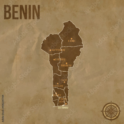 Vintage BENIN Map with Regions Borders and Major Cities Positions photo