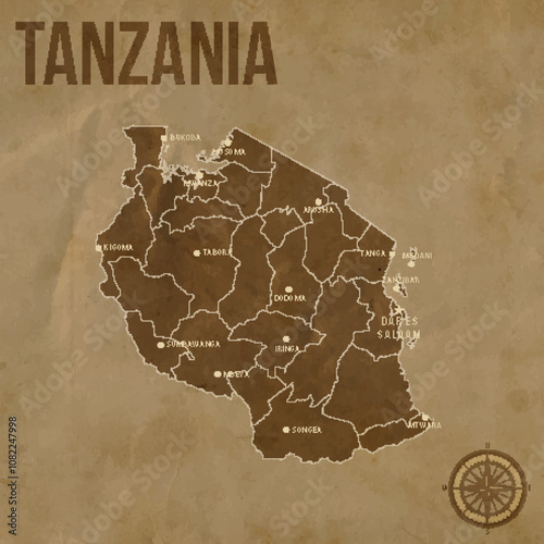 Vintage TANZANIA Map with Regions Borders and Major Cities Positions photo