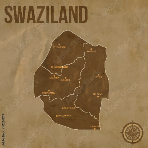 Vintage SWAZILAND Map with Regions Borders and Major Cities Positions