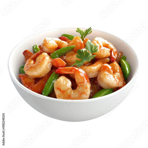 Delicious shrimp stir-fry with vibrant green peppers and fresh herbs in a bowl.