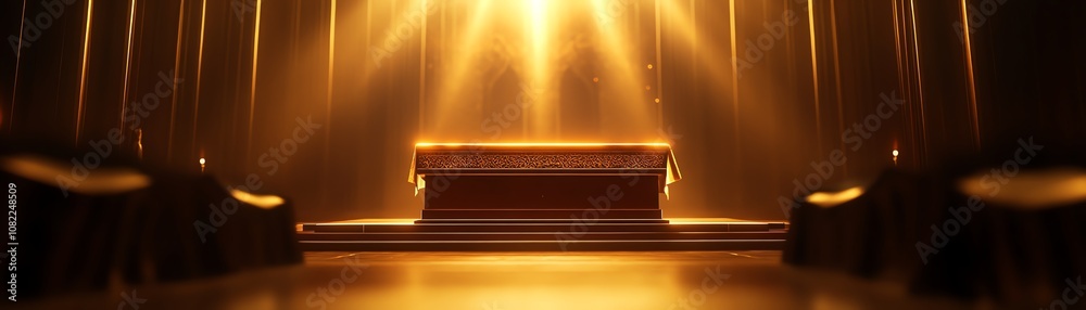 A solemn light illuminating a peaceful coffin in a serene setting.