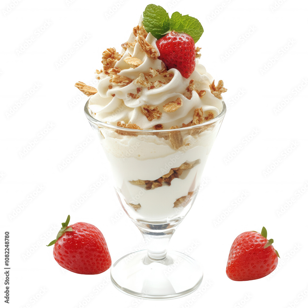 Delicious strawberry parfait with whipped cream and crunchy granola topping., isolated on a transparent background.