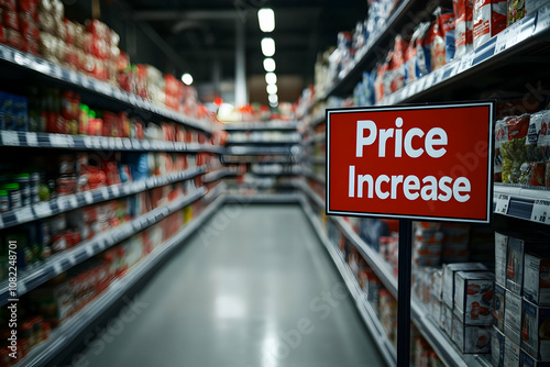 A striking sign informs shoppers of price increases in a bustling grocery aisle