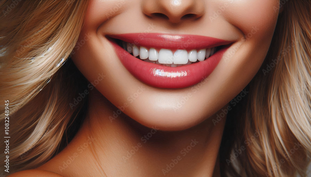 Close-up of a radiant smile with perfectly aligned white teeth, emphasizing dental health and confidence Close-up of a radiant smile with perfectly aligned white teeth, emphasizing dental health and confidence