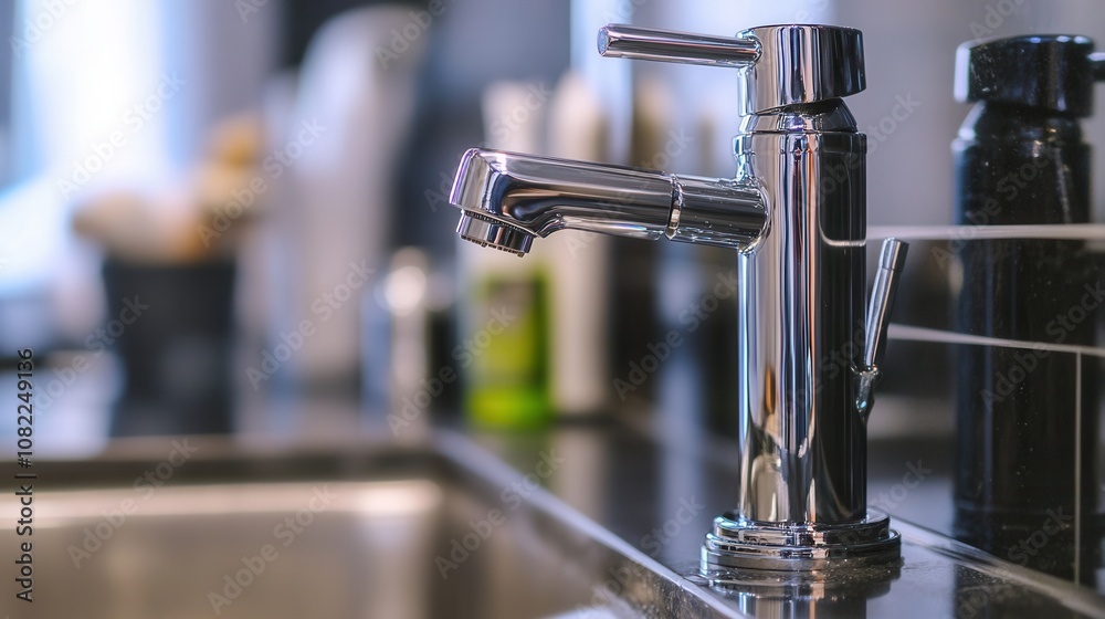 A close-up of a modern chrome faucet in a sleek kitchen, featuring a minimalist design and reflections of other items in the background. A close-up of a modern chrome faucet in a sleek kitchen, featuring a minimalist design and reflections of other items in the background.